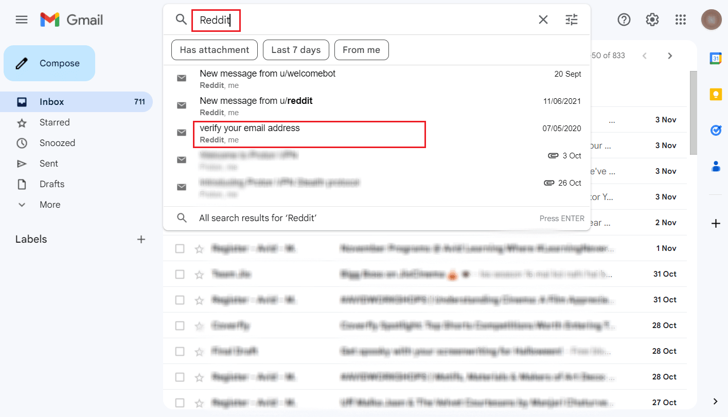 Ingrese a Reddit en la barra de búsqueda y haga clic en el correo de verificación enviado por Reddit |  Cómo encontrar la cuenta de Reddit de alguien por correo electrónico