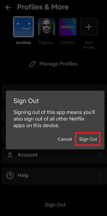 opción de cerrar sesión.  Arreglar Netflix Este título no está disponible para ver al instante Error