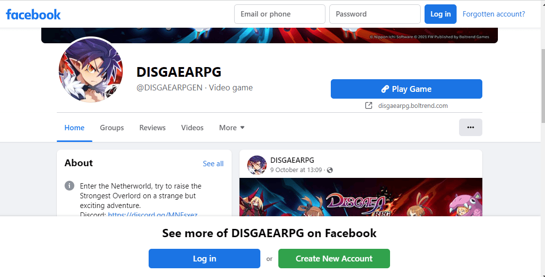 Página de Facebook de Disgaea RPG