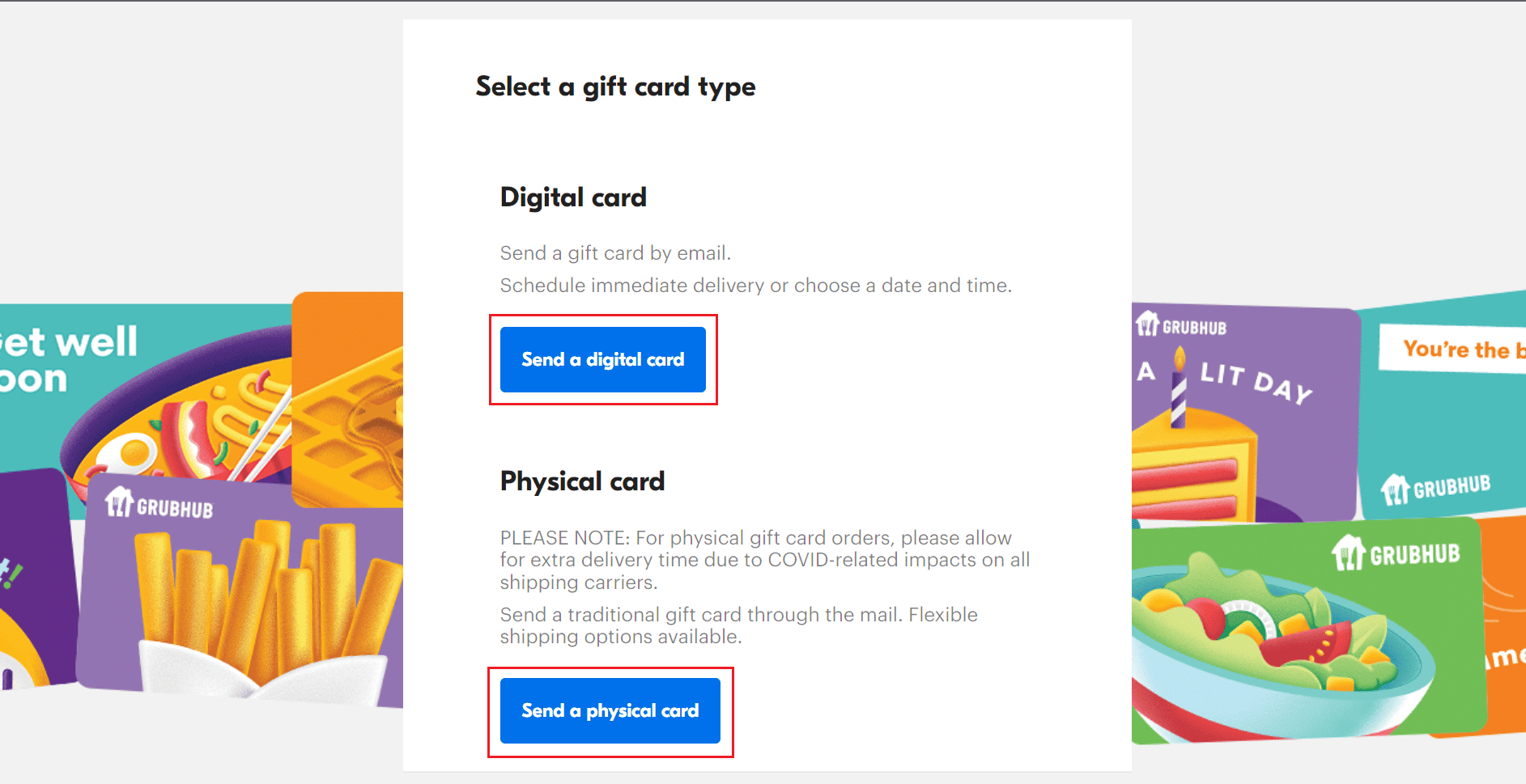 Haga clic en Enviar una tarjeta digital o Enviar una tarjeta física