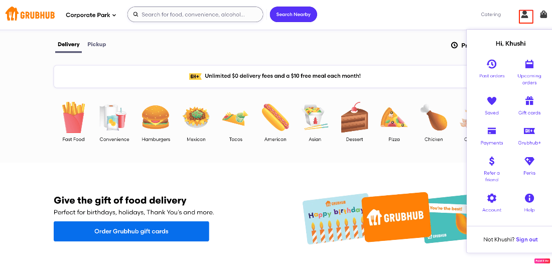 visite el sitio web de Grubhub y haga clic en el ícono de su perfil en la esquina superior derecha