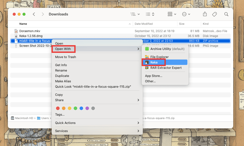 pase el cursor sobre la opción Abrir con y haga clic en Keka.  Arreglar el código de error 2 de Keka en macOS