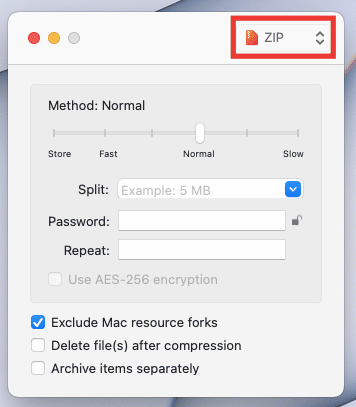 Seleccione el formato en el que desea comprimir el archivo.  Arreglar el código de error 2 de Keka en macOS