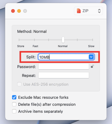 Establézcalo en 10 MB o lo que prefiera.  Arreglar el código de error 2 de Keka en macOS
