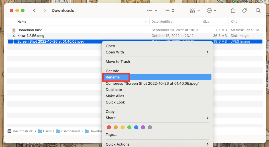   Haga clic con el botón derecho en el archivo y haga clic en Renombrar o simplemente presione la tecla Intro para cambiar el nombre del archivo