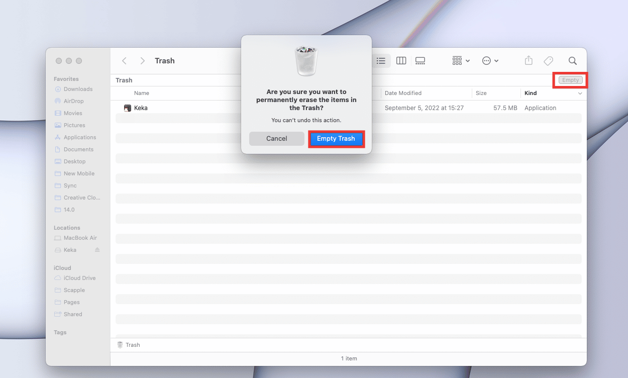 Haga clic en Vaciar y confírmelo haciendo clic en Vaciar Papelera