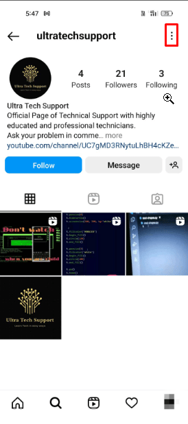 Ahora, toque el ícono de tres hacia abajo para abrir el menú de perfil. 
