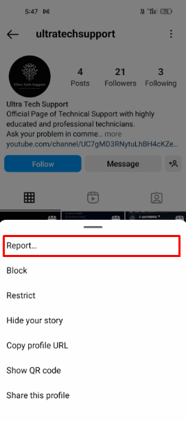 Toque la primera opción Informe del menú de perfil. 