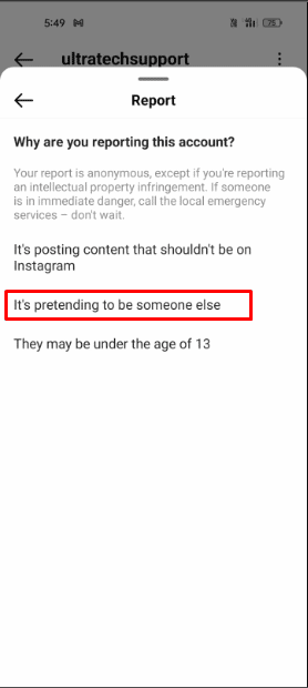 Ahora seleccione la opción Reportar cuenta y seleccione la opción Está fingiendo ser otra persona