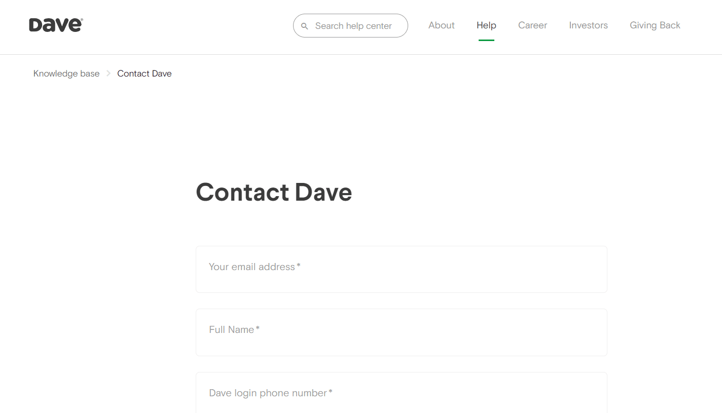 Formulario de solicitud de atención al cliente de Dave |  cambiar mi fecha de pago con Dave