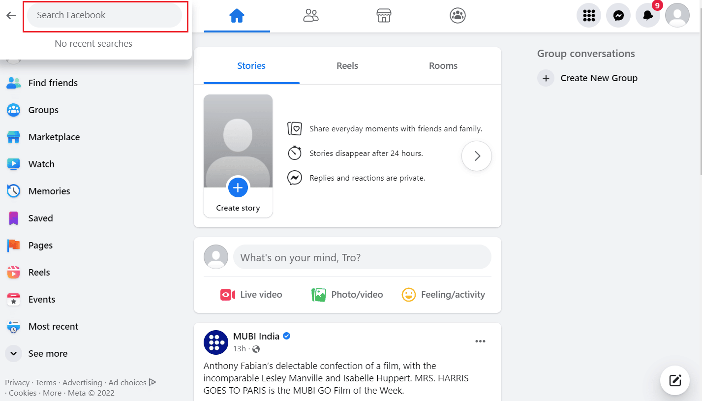 Haga clic en la barra de búsqueda en la esquina superior izquierda y busque la cuenta de Facebook deseada