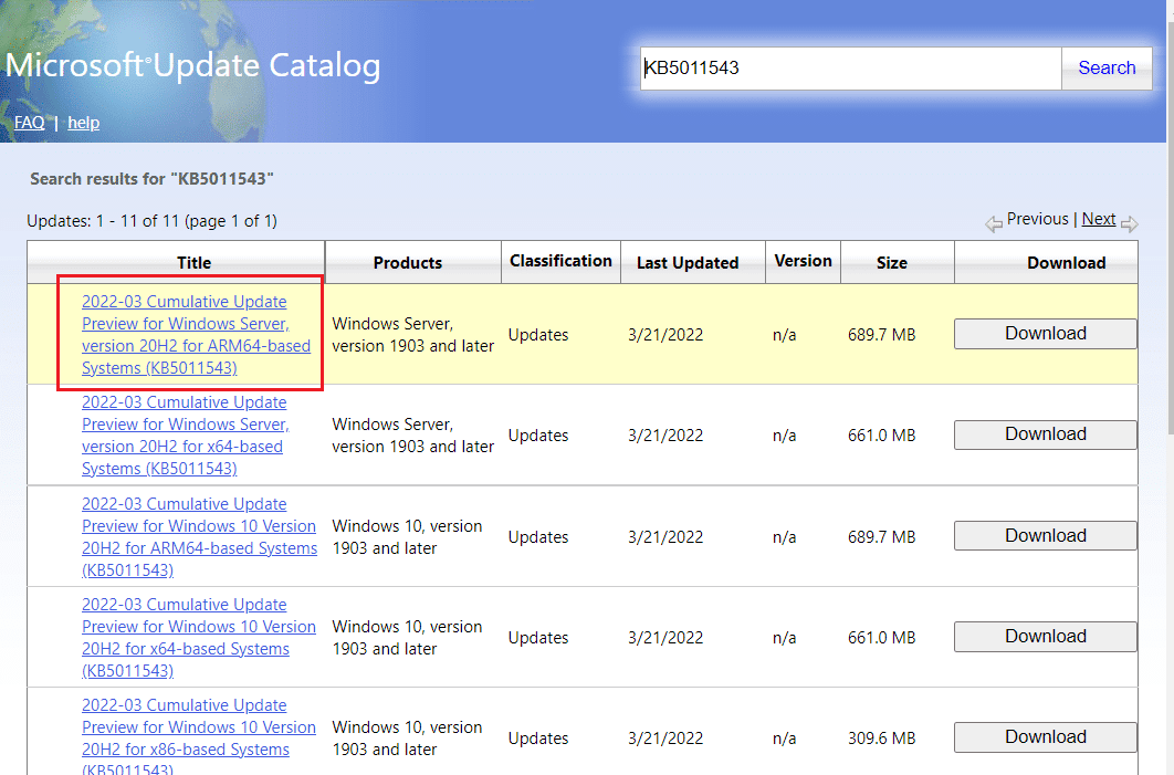 seleccione una actualización de la lista en la página del catálogo de actualizaciones de Microsoft.  Formas de corregir el error de actualización de Windows 0X80070003
