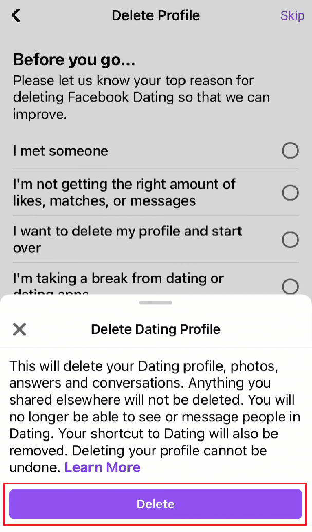 toque Eliminar para eliminar su perfil con éxito