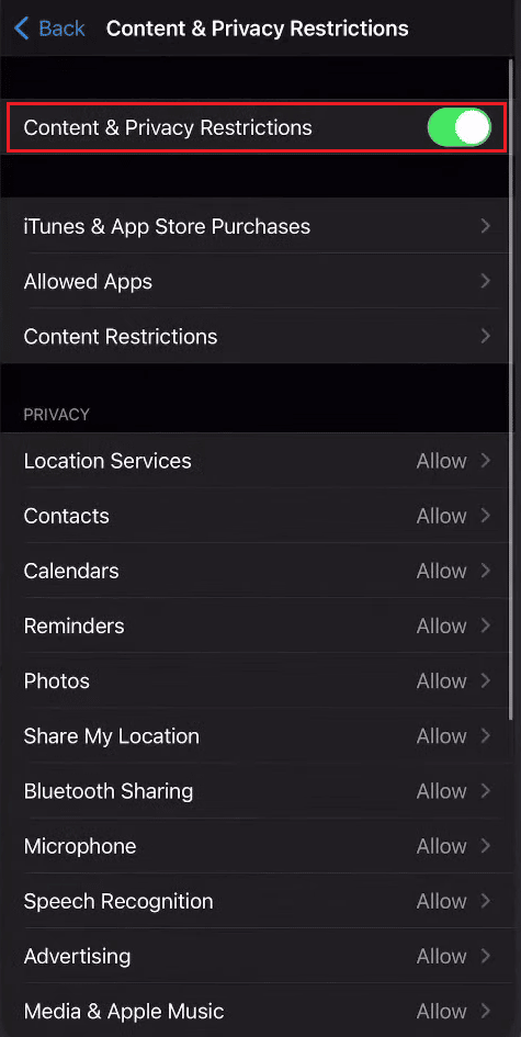 desactive la opción Restricción de contenido y privacidad |  Cómo desactivar los controles parentales sin contraseña