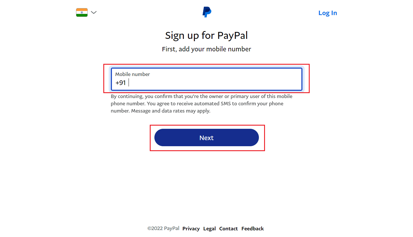 Introduce tu número de móvil y haz clic en Siguiente