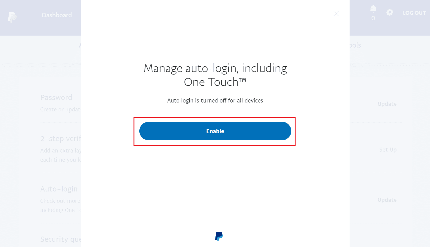 Haga clic en Habilitar para activar el inicio de sesión automático para todos sus dispositivos |  Cómo verificar la actividad de inicio de sesión de PayPal