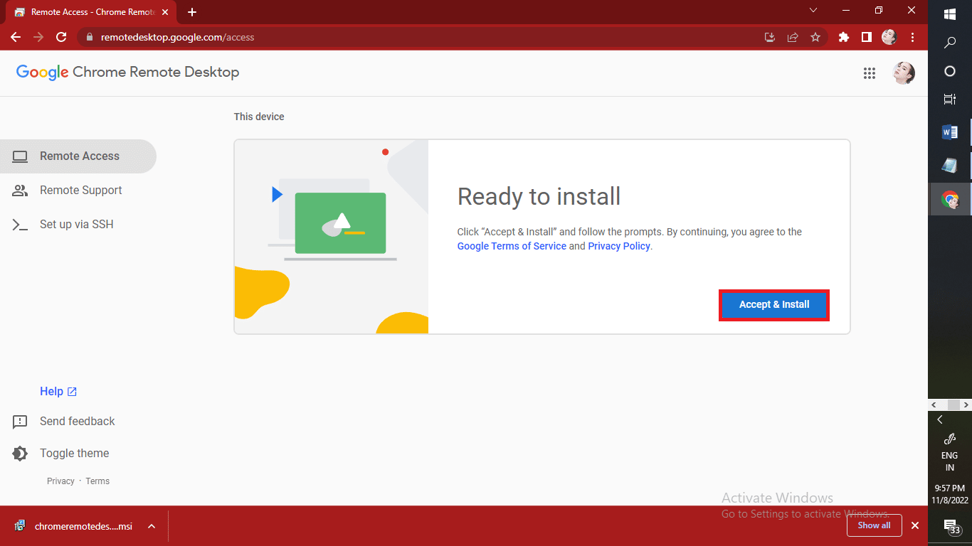 Haga clic en Aceptar e instalar para instalar la extensión de la aplicación Google Remote Desktop.  |  ¿Qué es un código de acceso remoto?