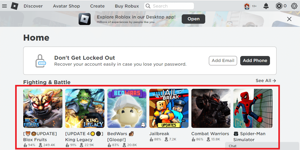 Selecciona un juego.  Cómo ver tus artículos favoritos en Roblox