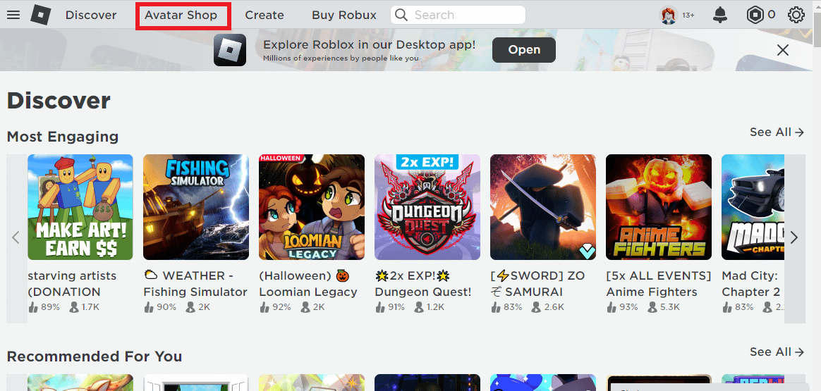 Haz clic en Tienda de avatares 