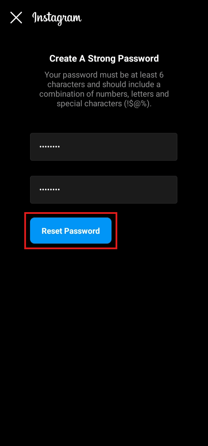 Ingrese la nueva contraseña, confírmela y haga clic en Restablecer contraseña |  restablecer mi contraseña de Instagram sin correo electrónico |  ¿Cómo iniciar sesión en Instagram sin número de teléfono y correo electrónico?