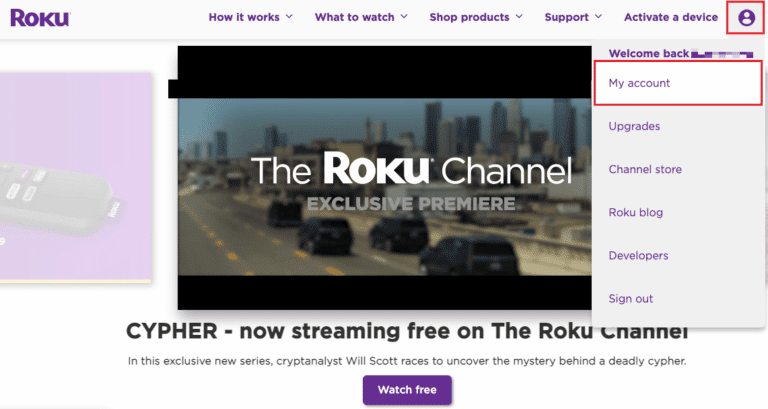 haga clic en mi cuenta en la página de inicio de Roku