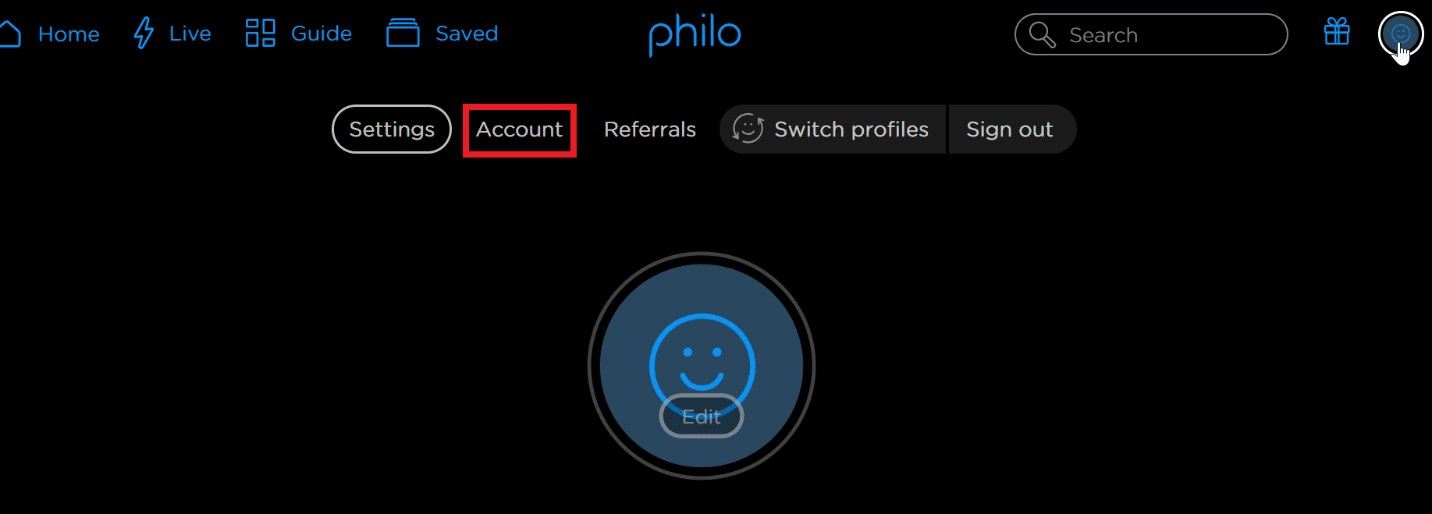 haga clic en la cuenta en la página web de philo.  Cómo cancelar Philo en Amazon Fire stick