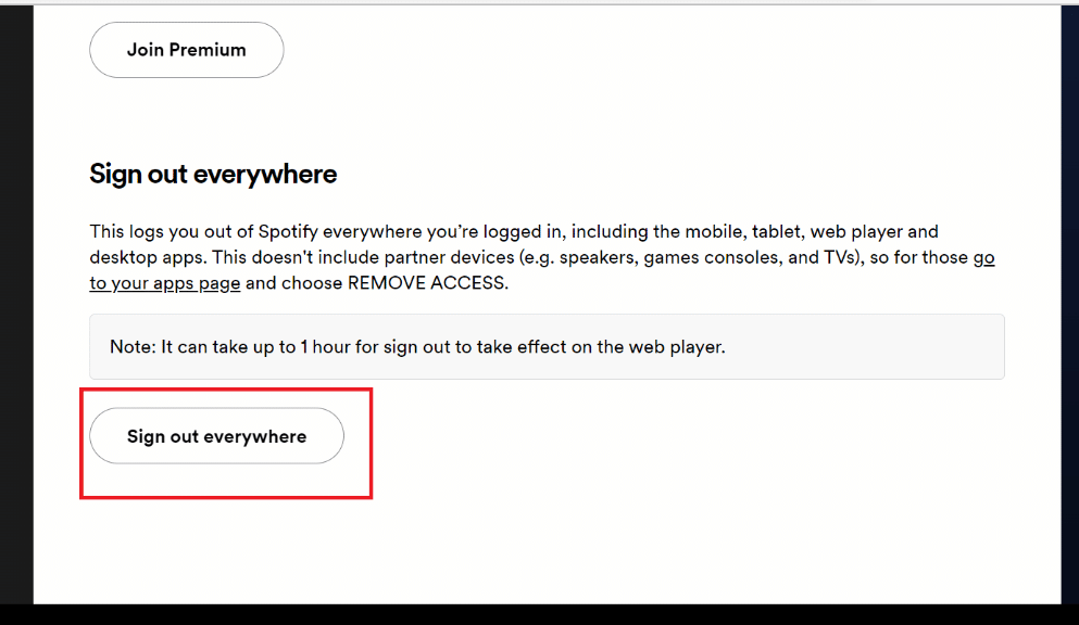 Cerrar sesión en todas partes opción.  Cómo quitar el dispositivo de Spotify Connect