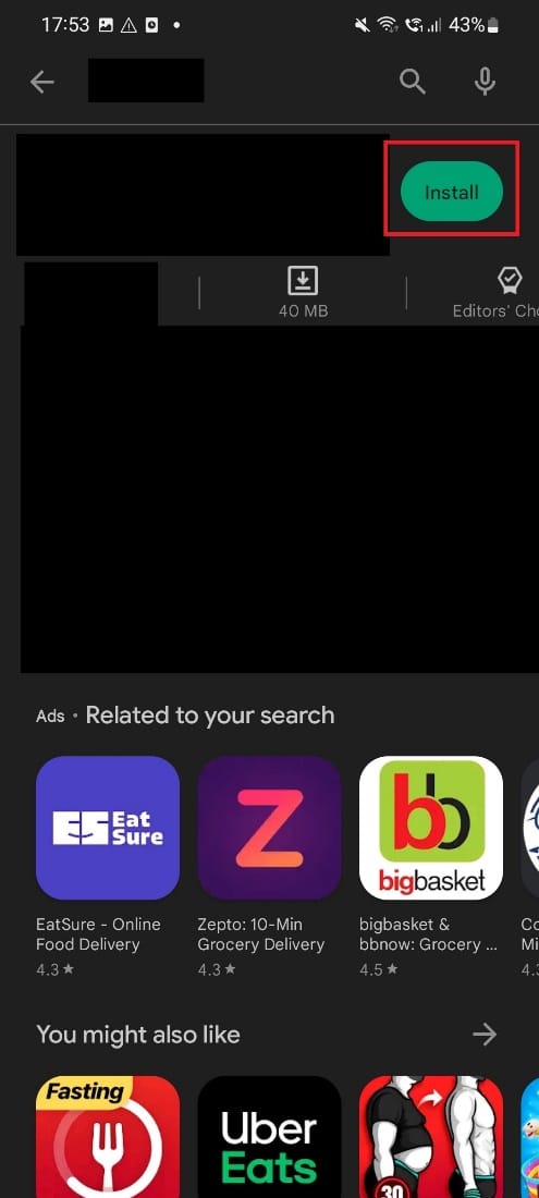 se muestra la opción de instalación