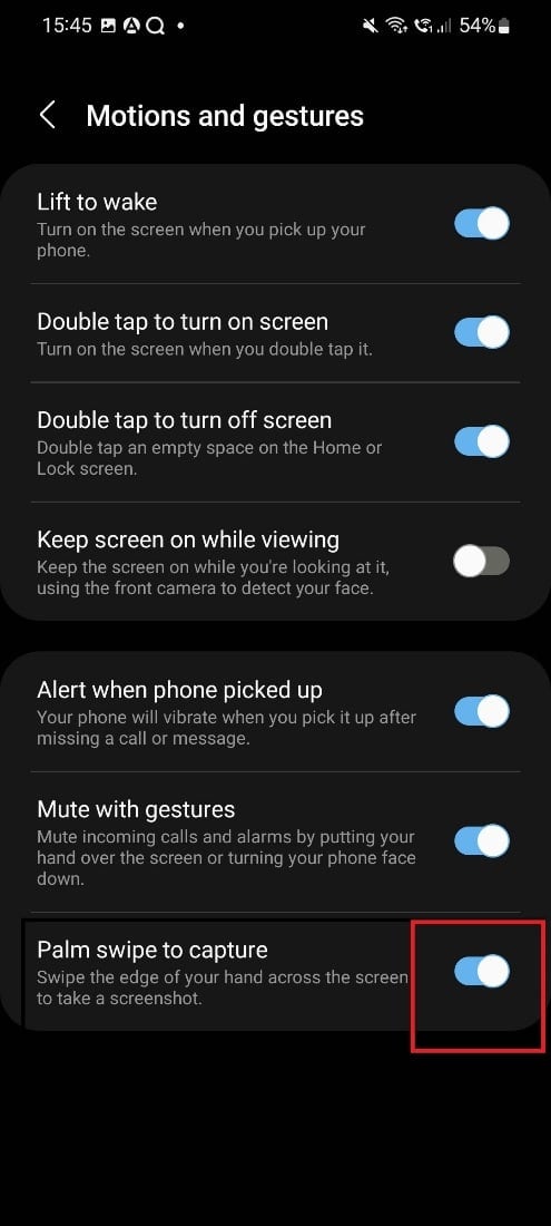 Deslizamiento de palma habilitado.  La solución no puede tomar una captura de pantalla debido a la política de seguridad