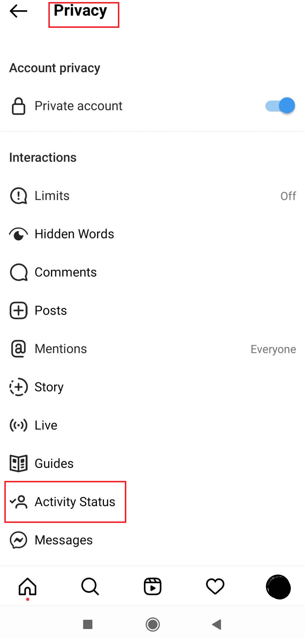 Estado de actividad |  Cómo desactivar los recibos de lectura en Instagram