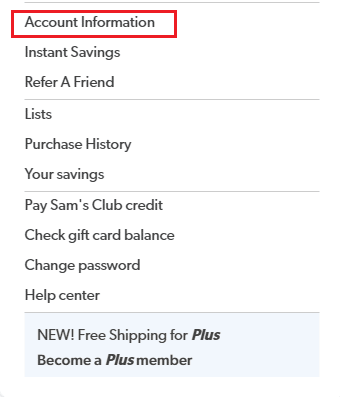 Haga clic en Información de la cuenta |  Cómo eliminar la cuenta de Sam's Club