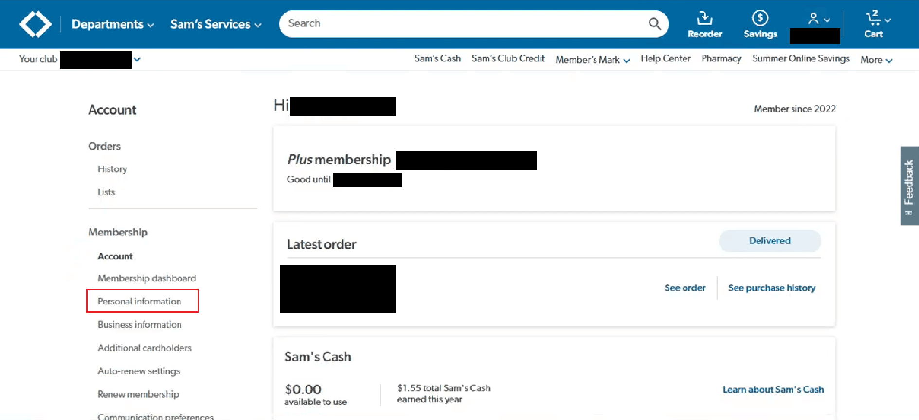 Haga clic en la opción Información personal del panel izquierdo |  Cómo eliminar la cuenta de Sam's Club