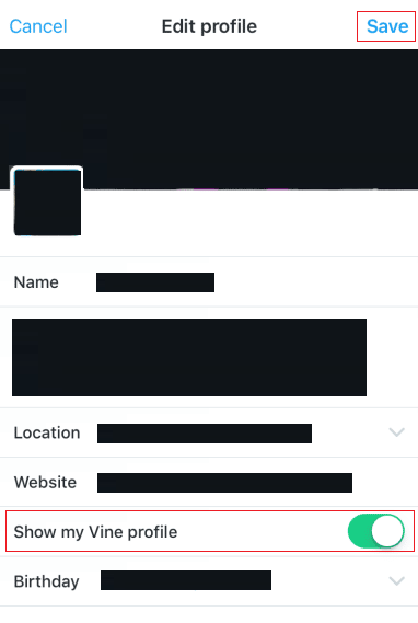 active el interruptor para la opción Mostrar mi perfil de Vine y toque Guardar