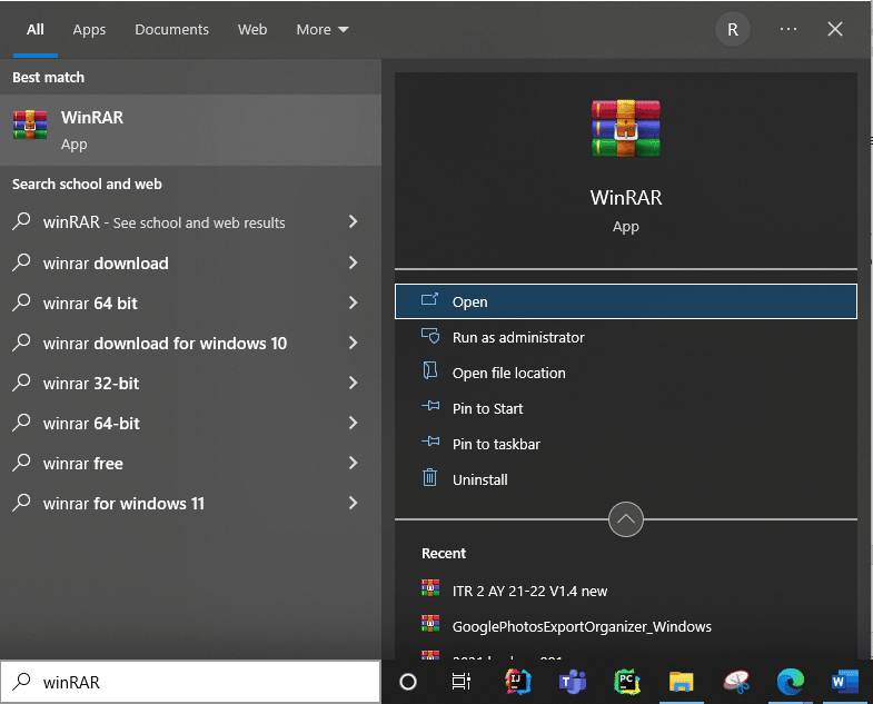 busque WinRaR en el cuadro de búsqueda de Windows 