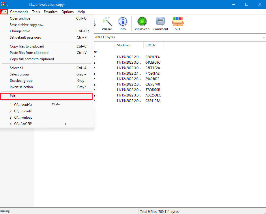 haga clic en el archivo y seleccione la opción de salida en win rar