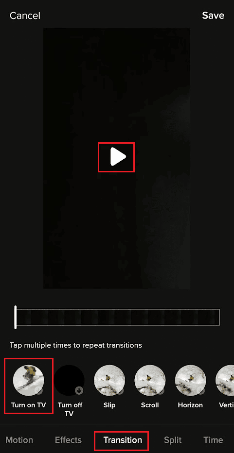 Seleccione la pestaña Transición: toque el ícono de reproducción para reproducir y seleccione la transición deseada para agregar a ese tiempo específico
