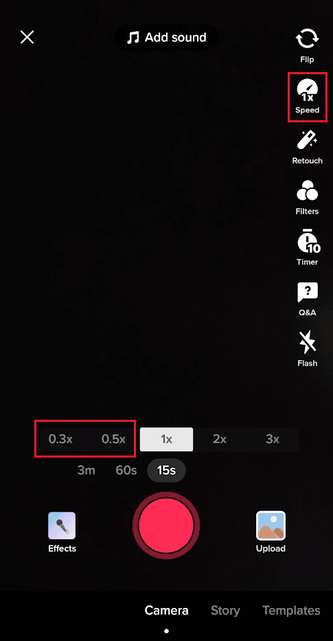 Velocidad: seleccione la pestaña 0.3x o 0.5x para reducir la velocidad de su video |  Cómo hacer zoom en TikTok sin manos
