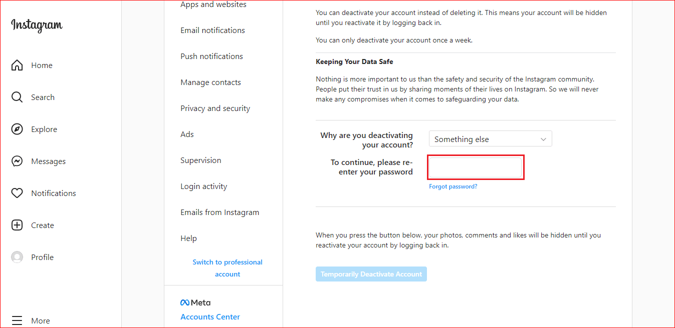 Instagram vuelve a ingresar la contraseña.  Cómo deshabilitar temporalmente mi cuenta de Instagram 