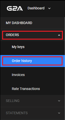 Haga clic en PEDIDOS - Historial de pedidos en el panel izquierdo |  Cómo ver el estado del pedido de G2A