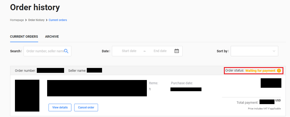 Localice el pedido deseado en su lista y luego mire la sección Estado del pedido en la esquina superior derecha