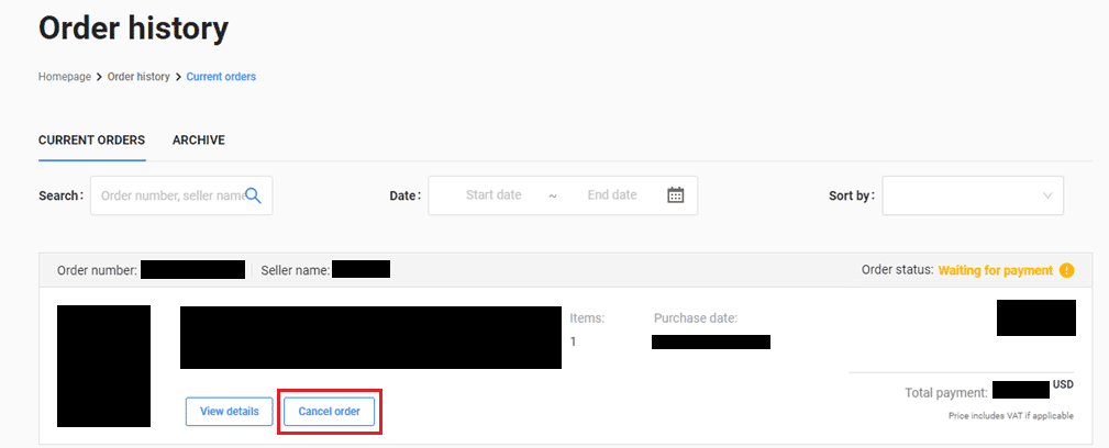 Haga clic en la opción Cancelar pedido presente en el pedido deseado