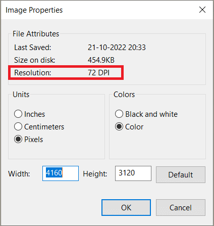 Busque el campo Resolución |  verifique la imagen DPI en Windows 10