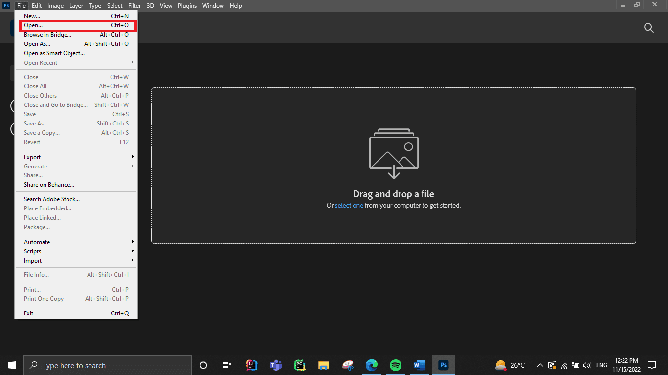 Haga clic en Archivo y luego en Abrir 