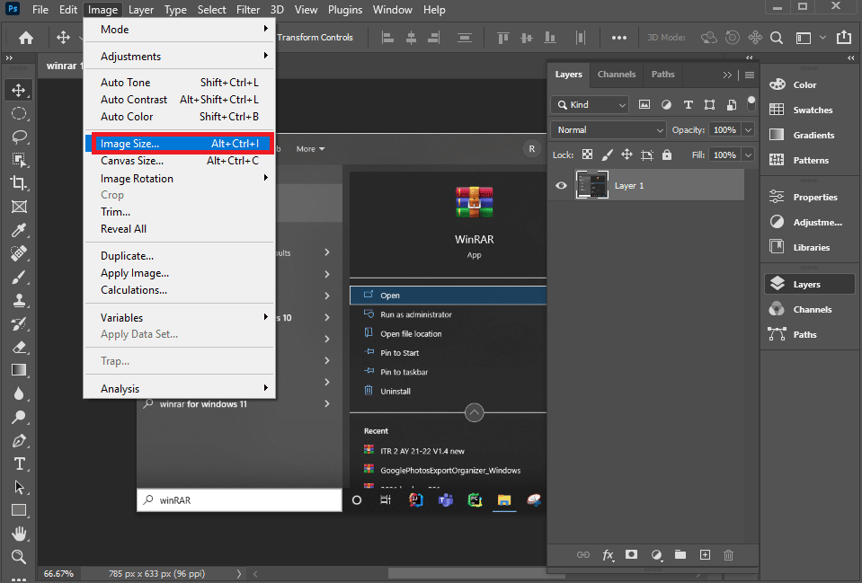 Haga clic en el tamaño de la imagen |  verifique la imagen DPI en Windows 10