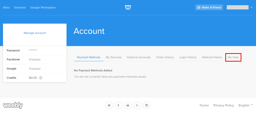 En la página de configuración de la cuenta, haga clic en Mis datos.  |  Cómo eliminar el sitio web de Weebly
