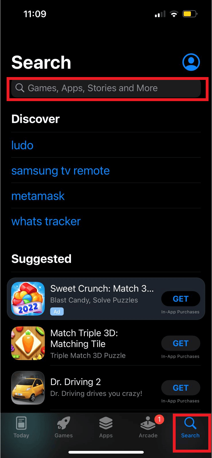 En la pestaña Buscar, busque el juego deseado que esté disponible tanto en Android como en iOS