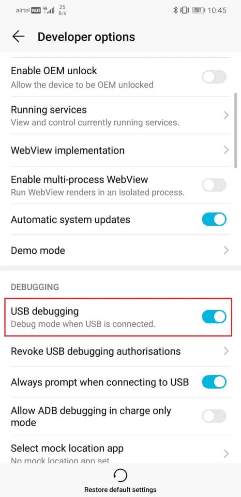 Activar la depuración USB