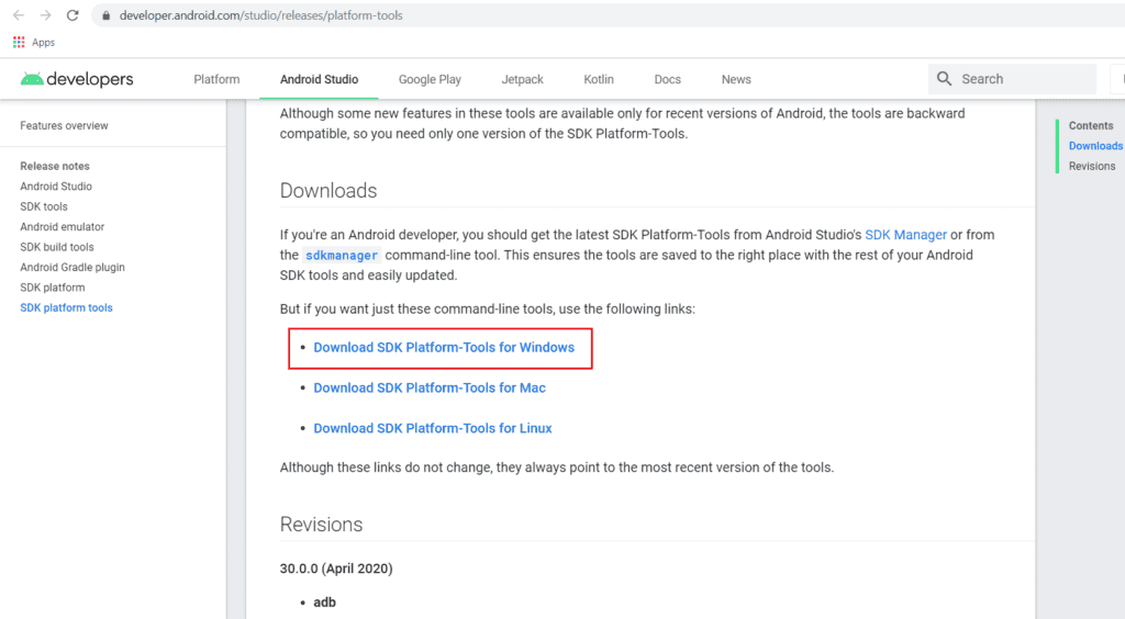 Haga clic en SDK Platform-Tools para Windows