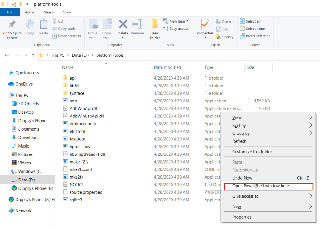 Abra la ventana de PowerShell aquí