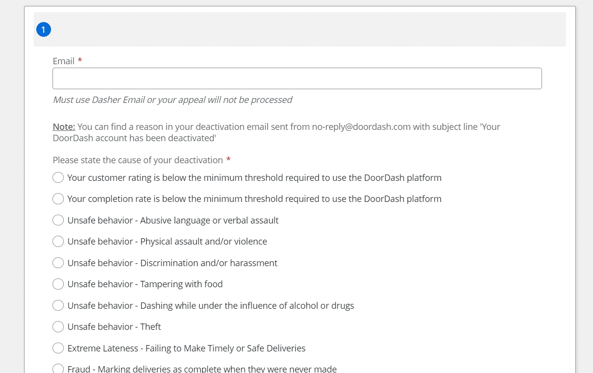 Formulario de apelación de DoorDash |  Cuenta de DoorDash desactivada